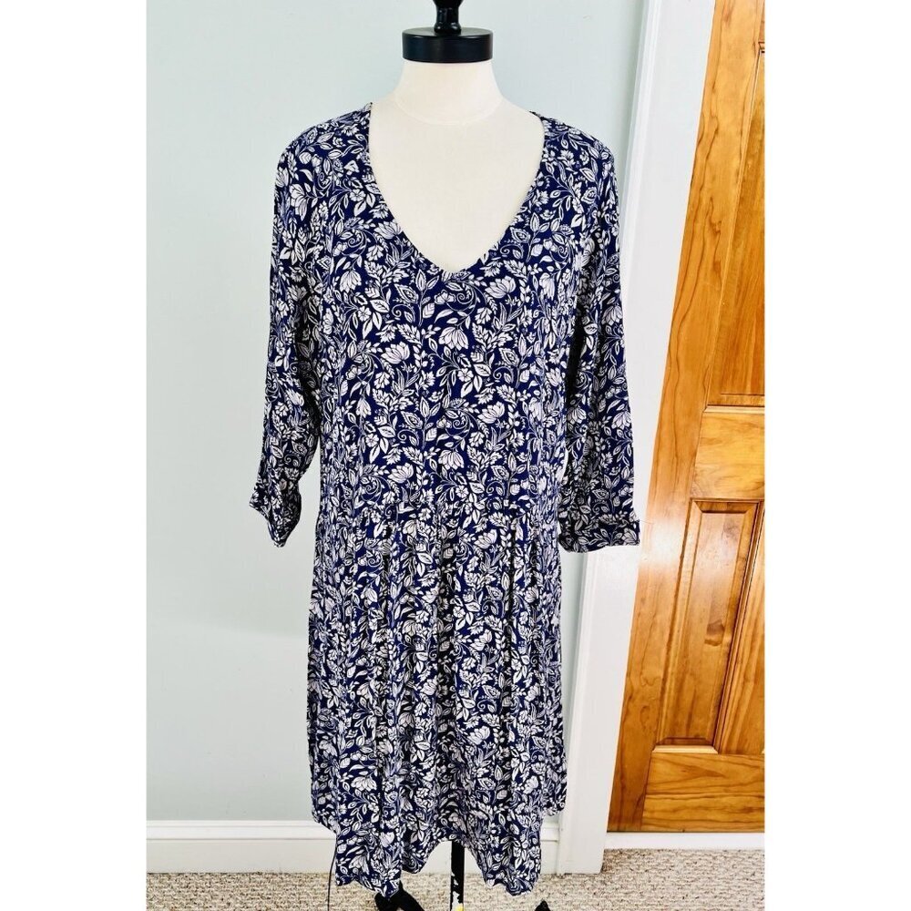Garnet Hill Women’s Dress Size 14 Blue White Floral Bohemian Drop Waist Pockets